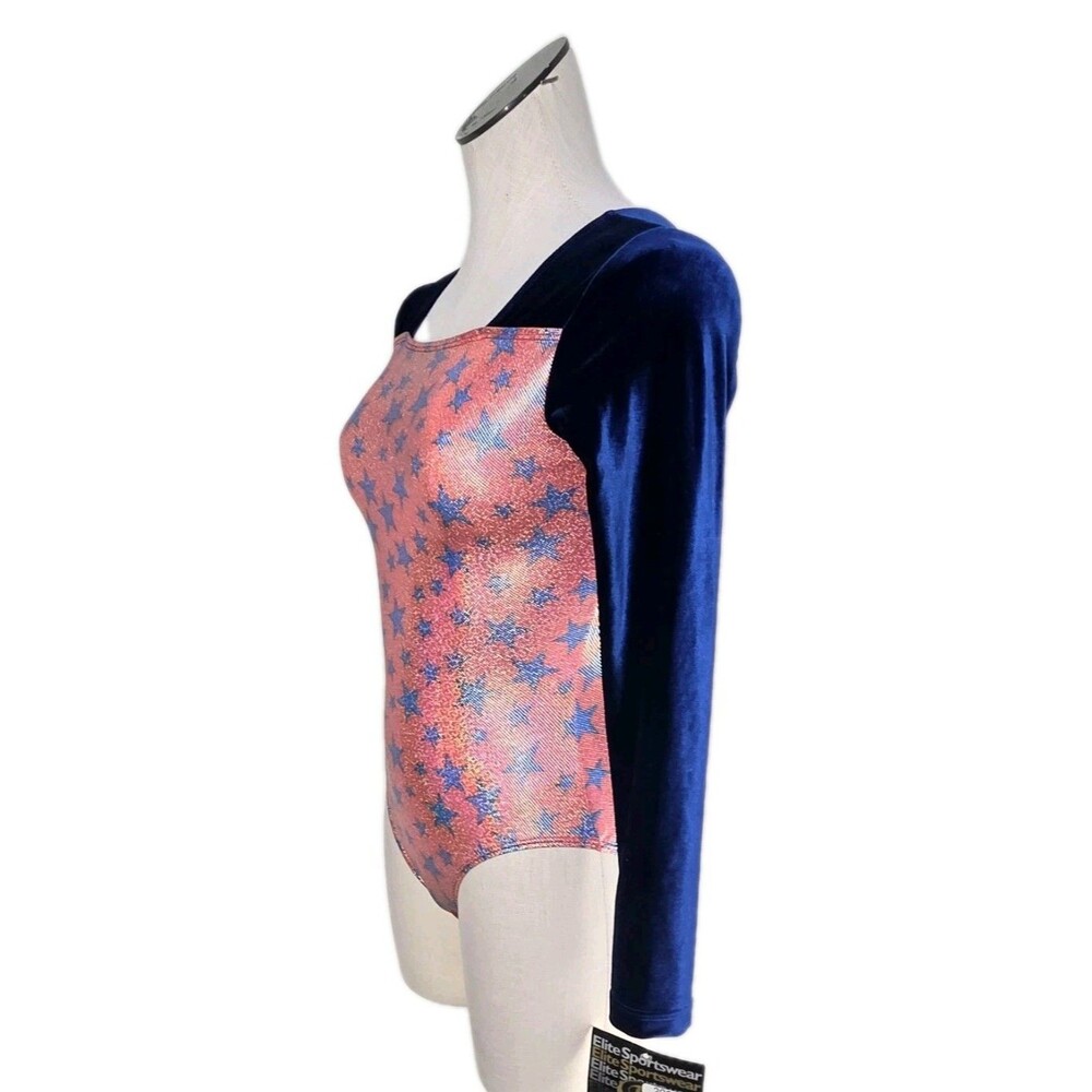 GK Elite VTG Shimmering Patriotic Holographic LS Velvet Leotard Red Blue Size AM - Picture 5 of 16